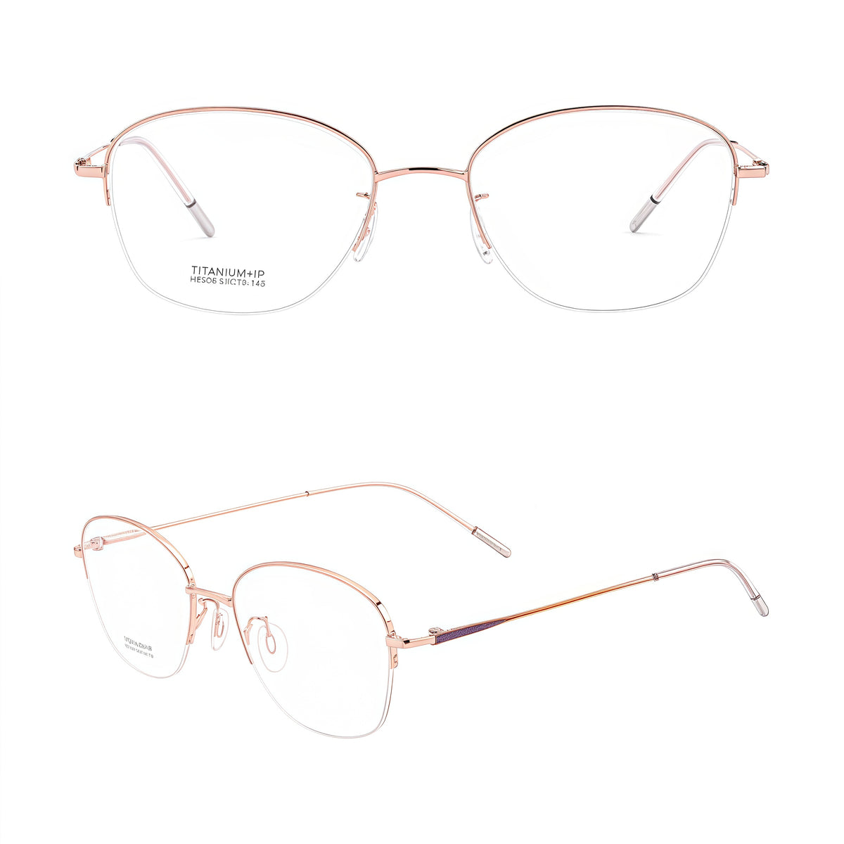 Rose Gold/Purple Gold Gradient women's titanium semi-rimless glasses, front and 45-degree composite detail