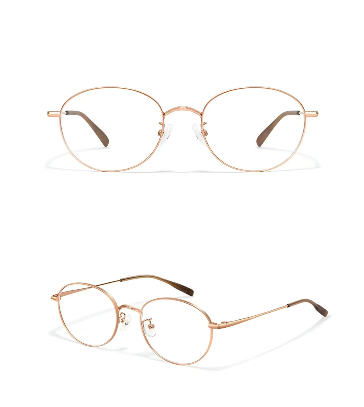 Rose Gold thin-wire oval full-rim glasses, original front and 45-degree views