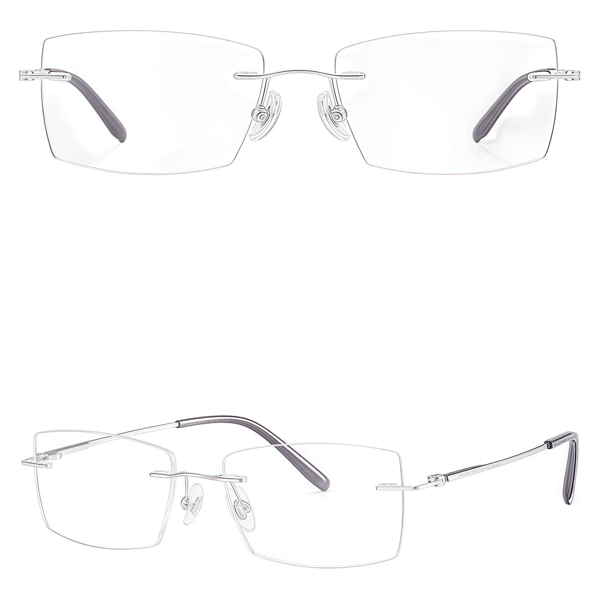 Silver rimless slim rectangular pure titanium eyeglass frames, supplier front and angle reference
