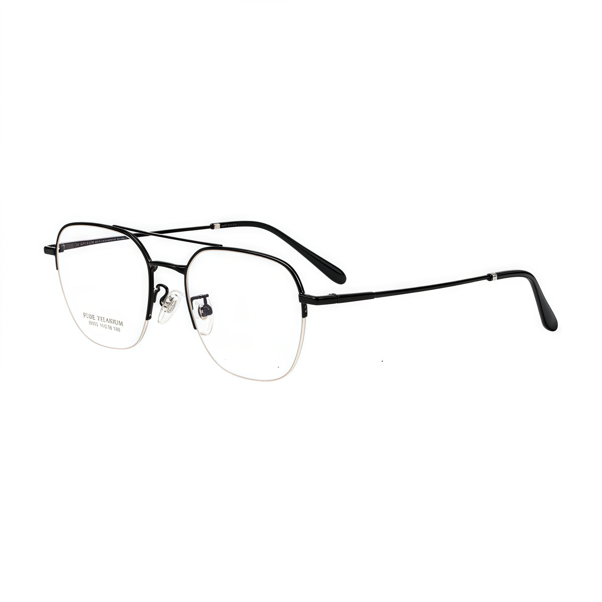 Black unisex pure titanium double-bridge semi-rimless glasses, 45-degree product view