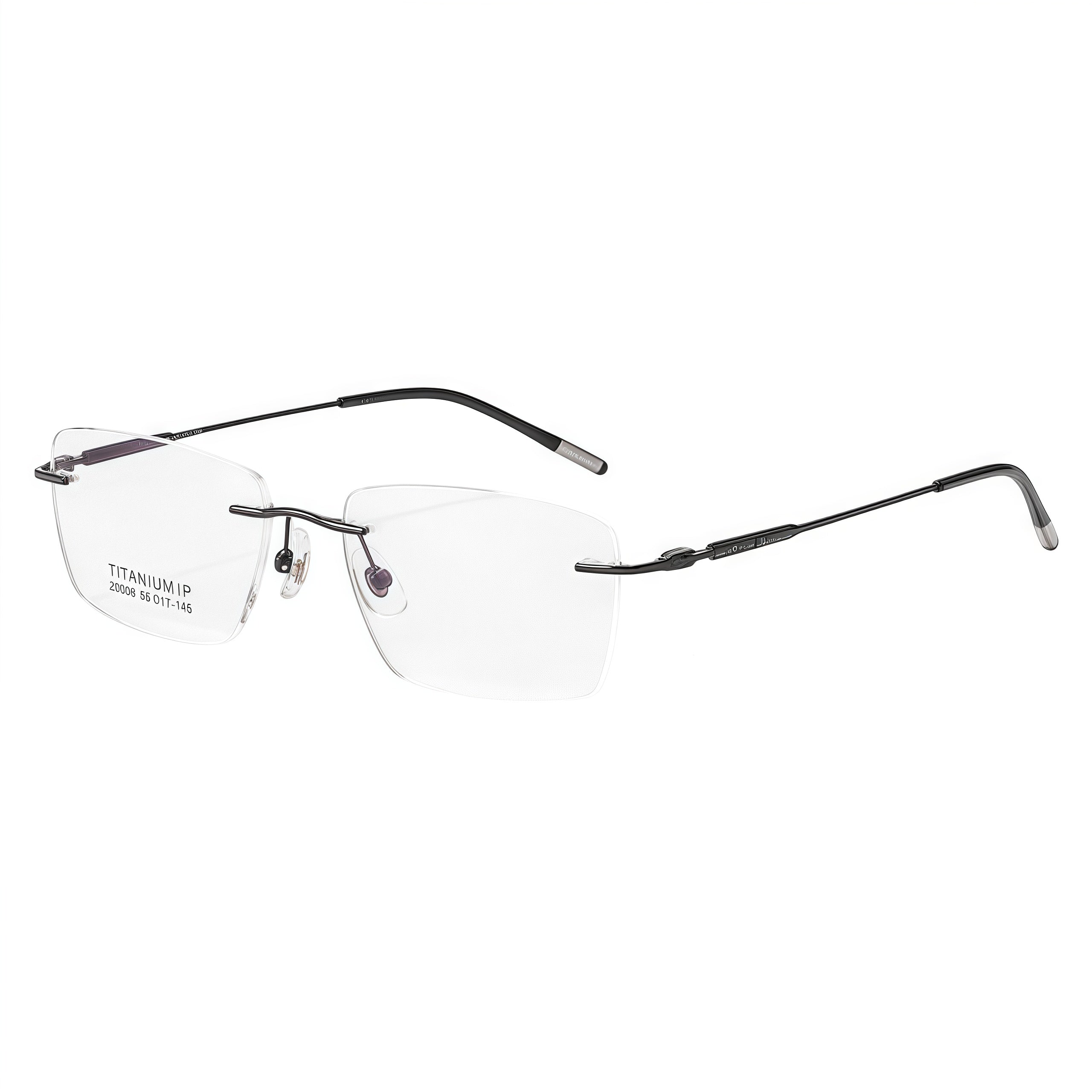 Black unisex titanium rimless narrow rectangular eyeglass frames, product view