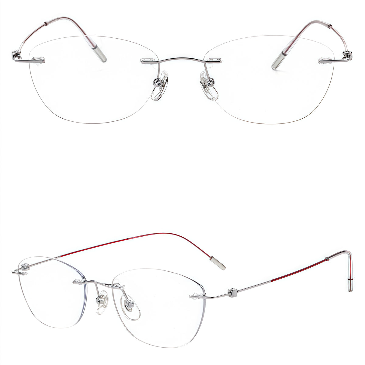 Silver/Purple titanium rimless glasses, front and 45-degree composite detail