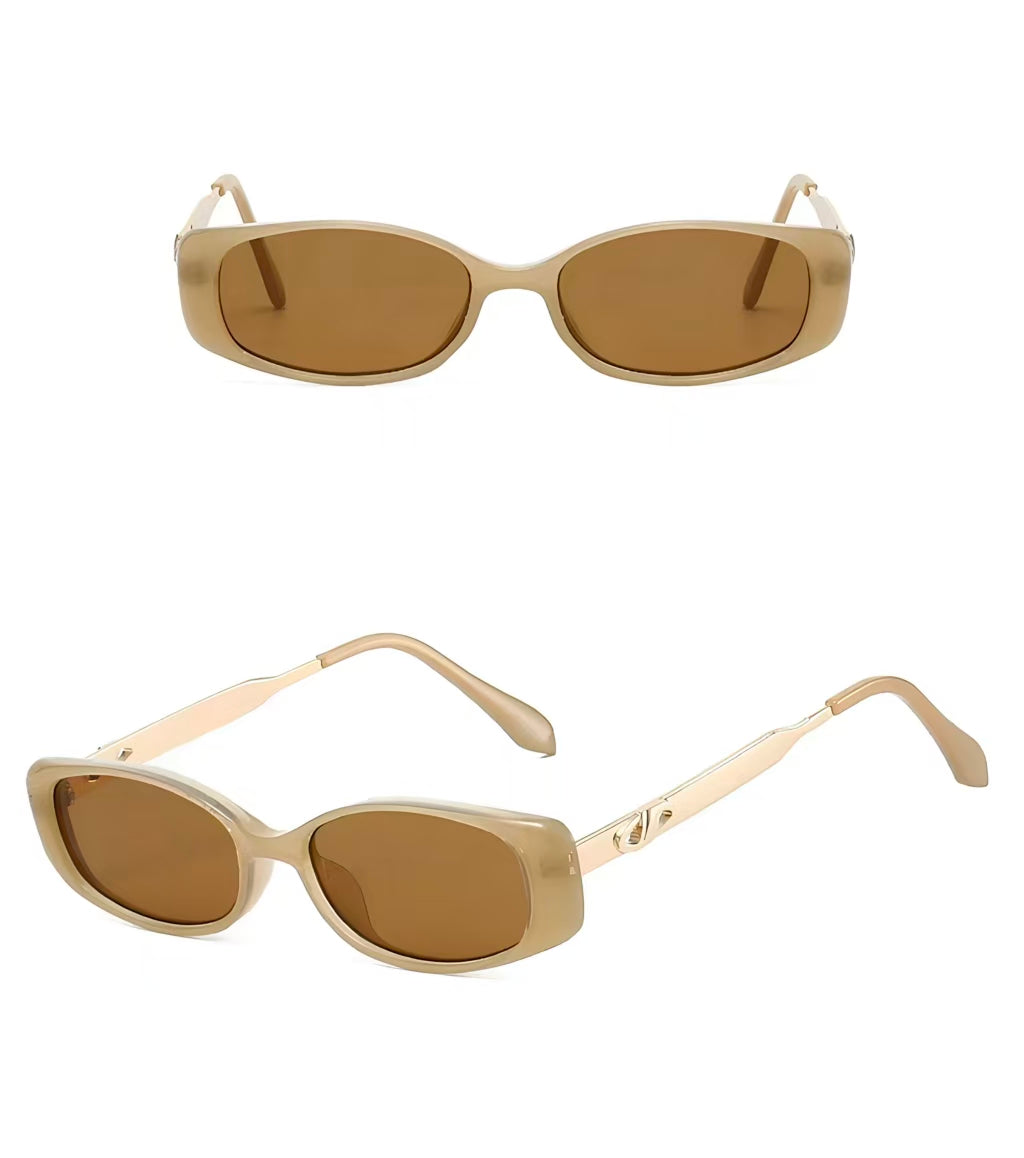 Unisex Amber Brown full-rim narrow rectangle sunglasses, front and three-quarter views