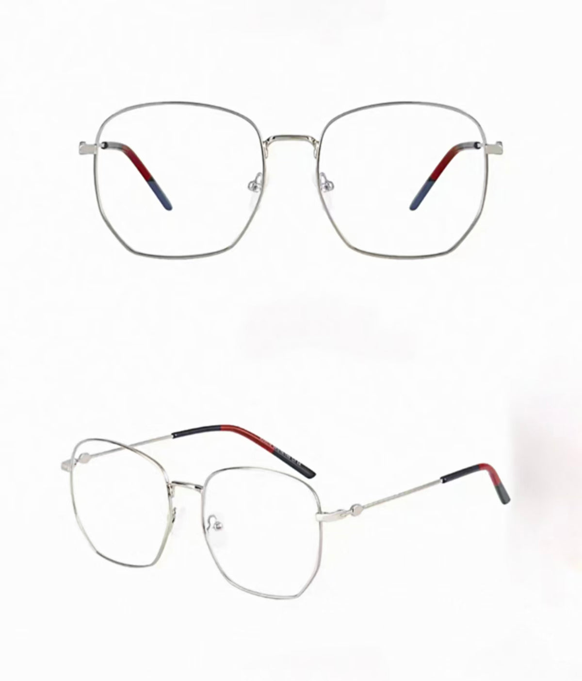 Silver men's oversized titanium full-rim glasses, original front and 45-degree composite detail
