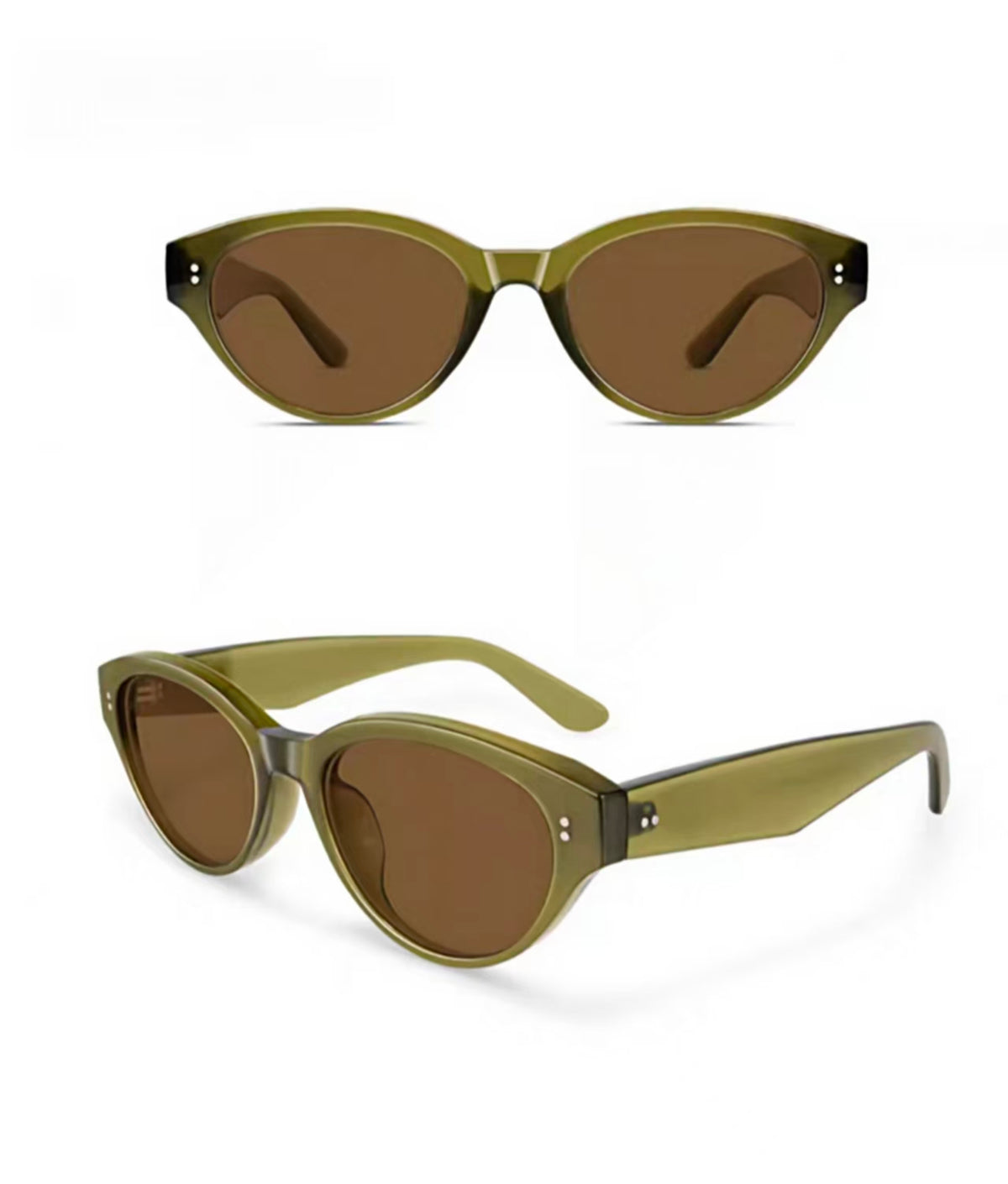 Women’s Olive Green full-rim narrow cat-eye sunglasses, front and three-quarter views