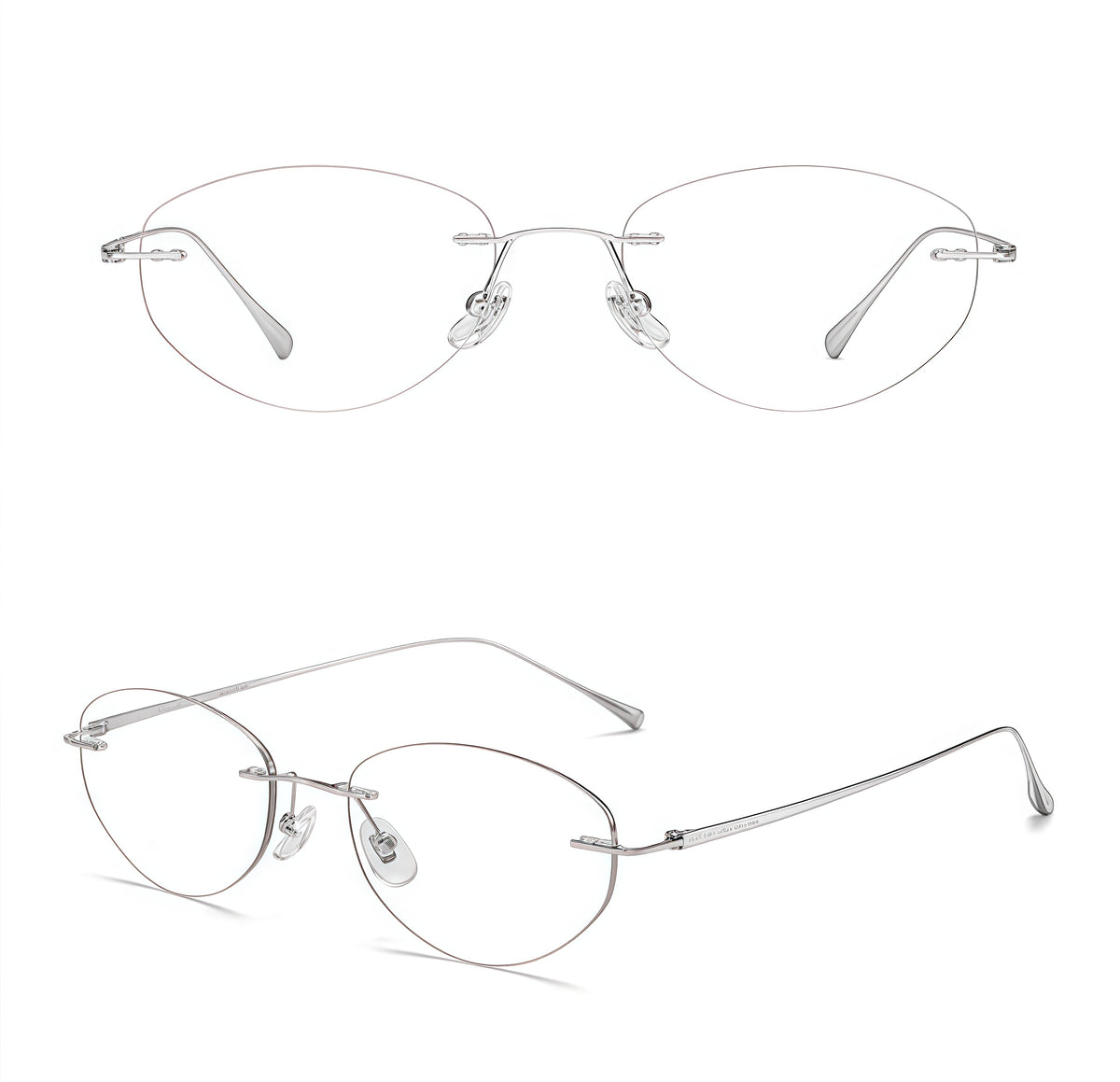 Silver women's titanium rimless round glasses, supplier front and three-quarter views