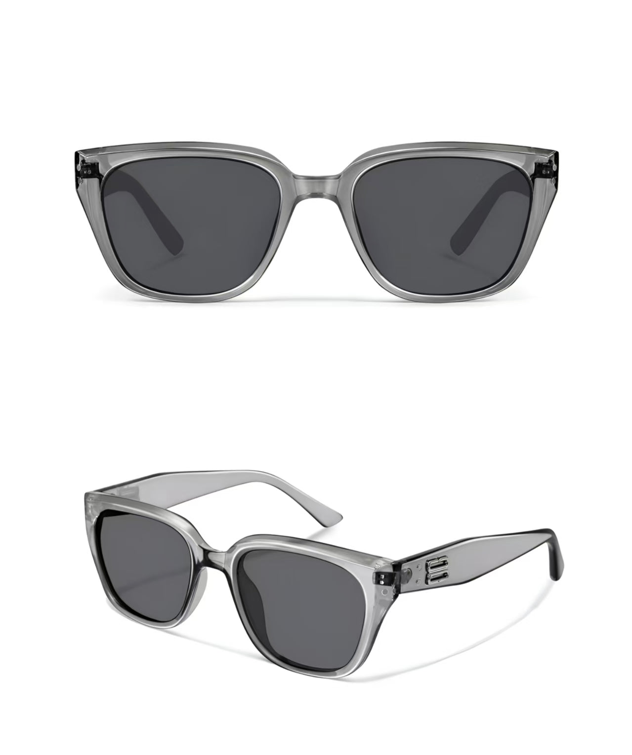Men’s Crystal Gray full-rim square sunglasses, front and three-quarter product views