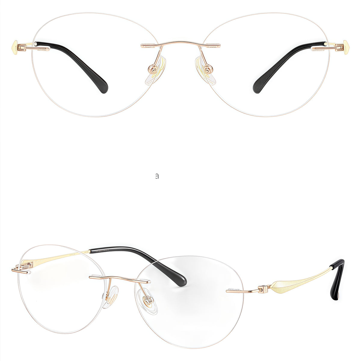 Champagne Gold rimless soft oval pure titanium eyeglass frames, supplier front and angle reference