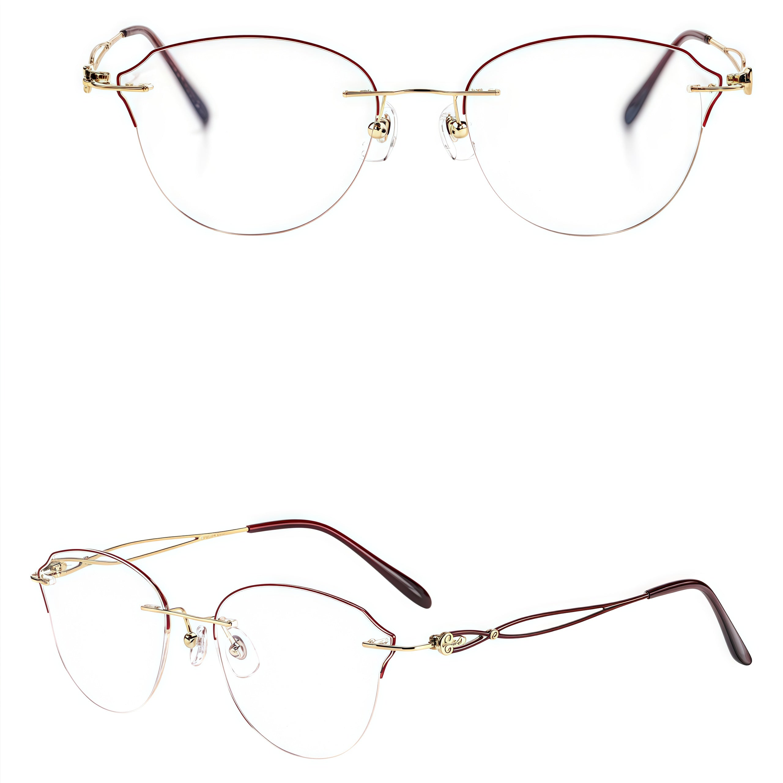 Gold/Red rimless butterfly titanium eyeglass frames, supplier front and angle reference