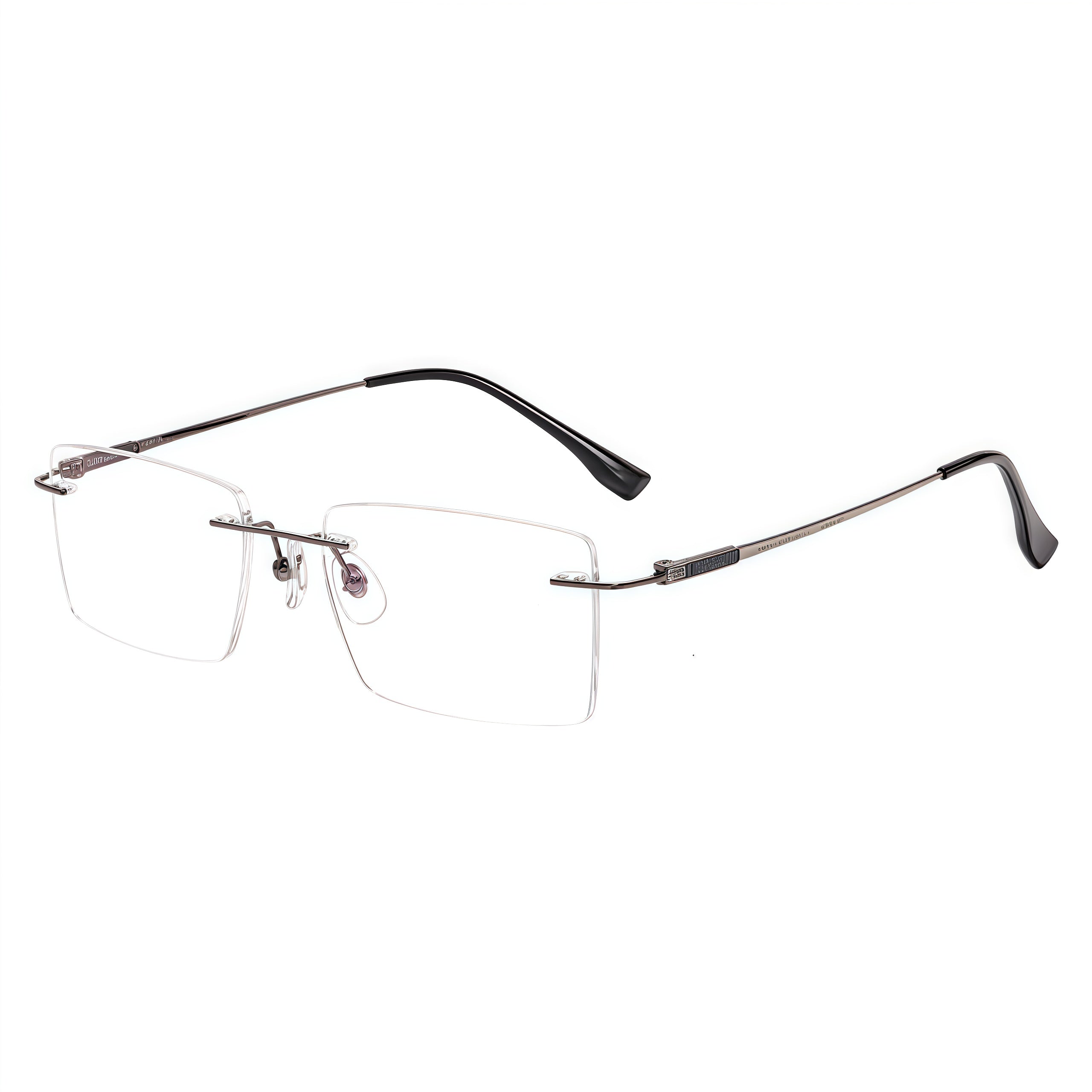 Gunmetal men's titanium rimless rectangular glasses, 45-degree product view