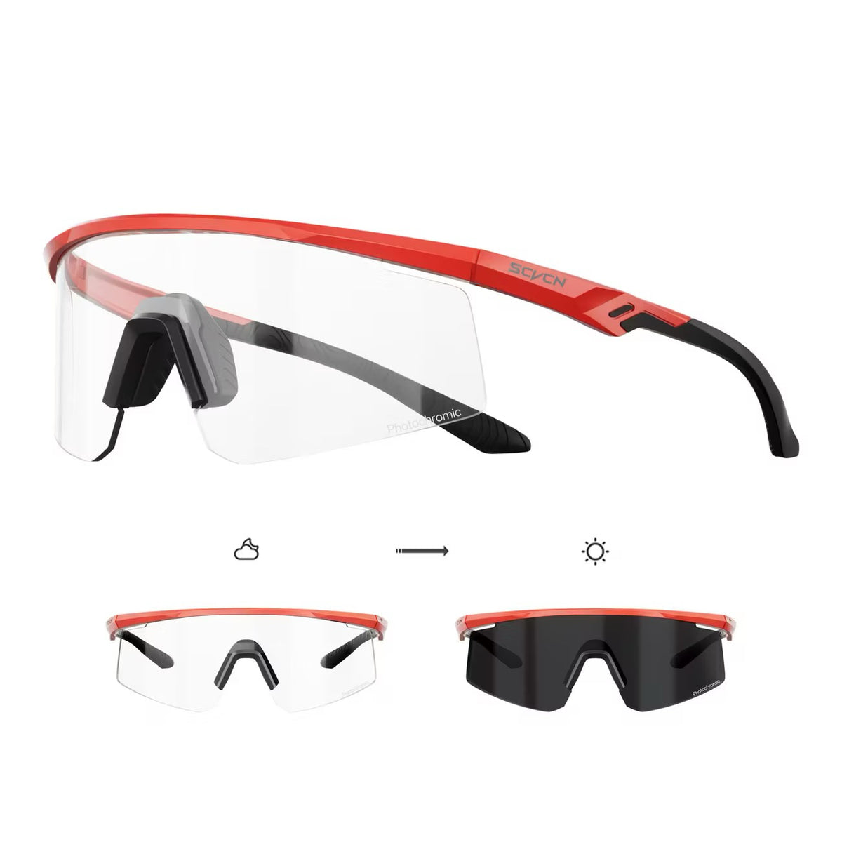 Red Frame/Photochromic Grey Lens front and 45-degree product views of Windproof Outdoor Sports Glasses