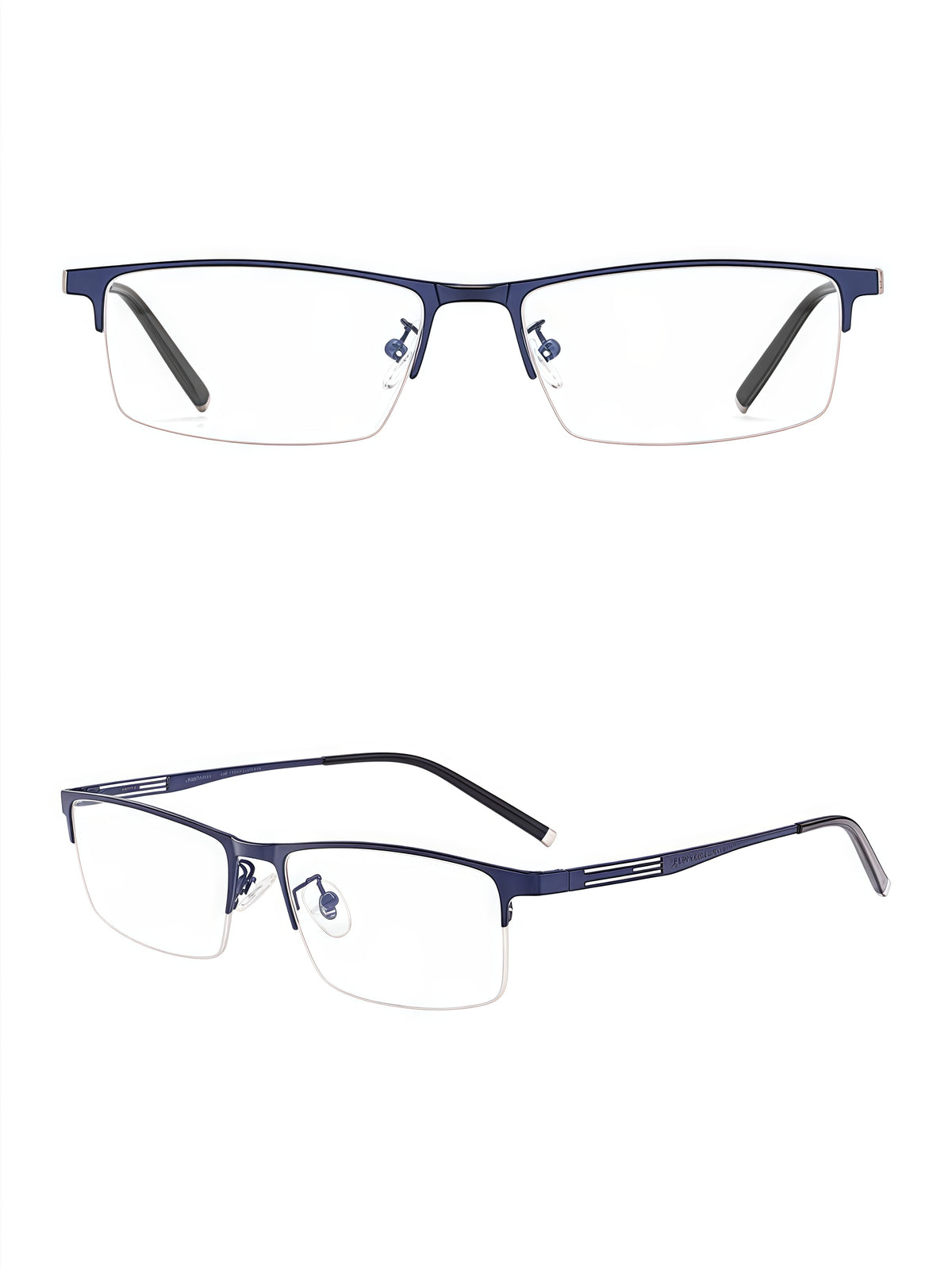Blue titanium-alloy semi-rimless rectangular glasses, original front and 45-degree views