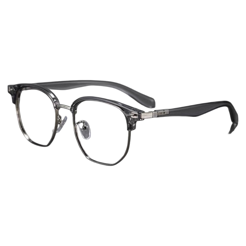 Crystal Grey/Silver men's vintage TR and alloy semi-rimless glasses, 45-degree product view