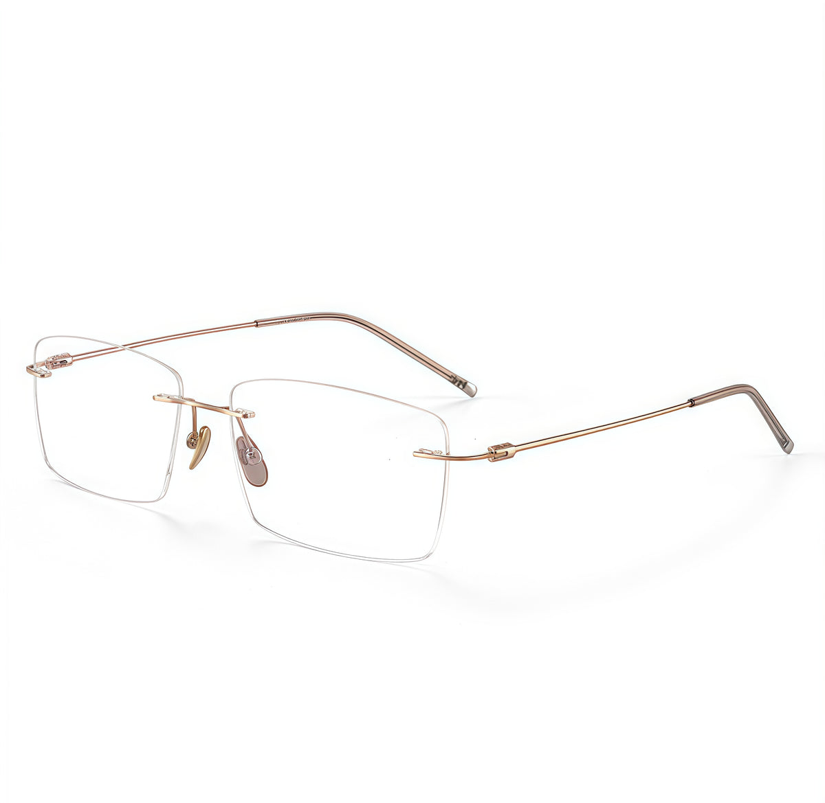 Rose Gold rimless shallow rectangular pure titanium eyeglass frames, supplier front and angle reference
