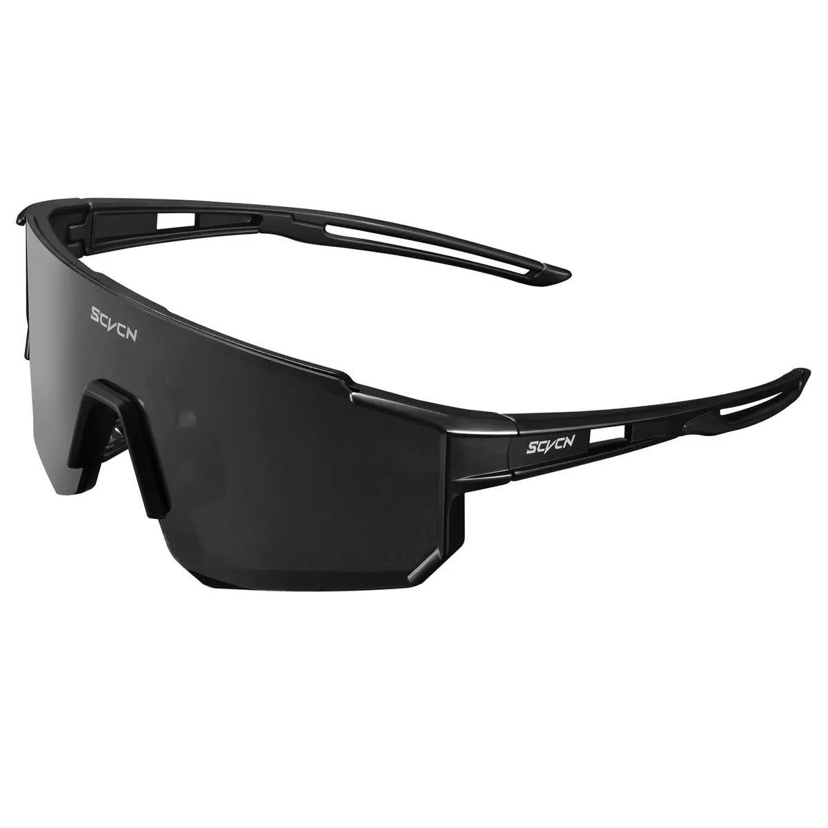 Matte Black Frame/Black Lens unisex tr90 wraparound shield sunglasses, 45-degree view