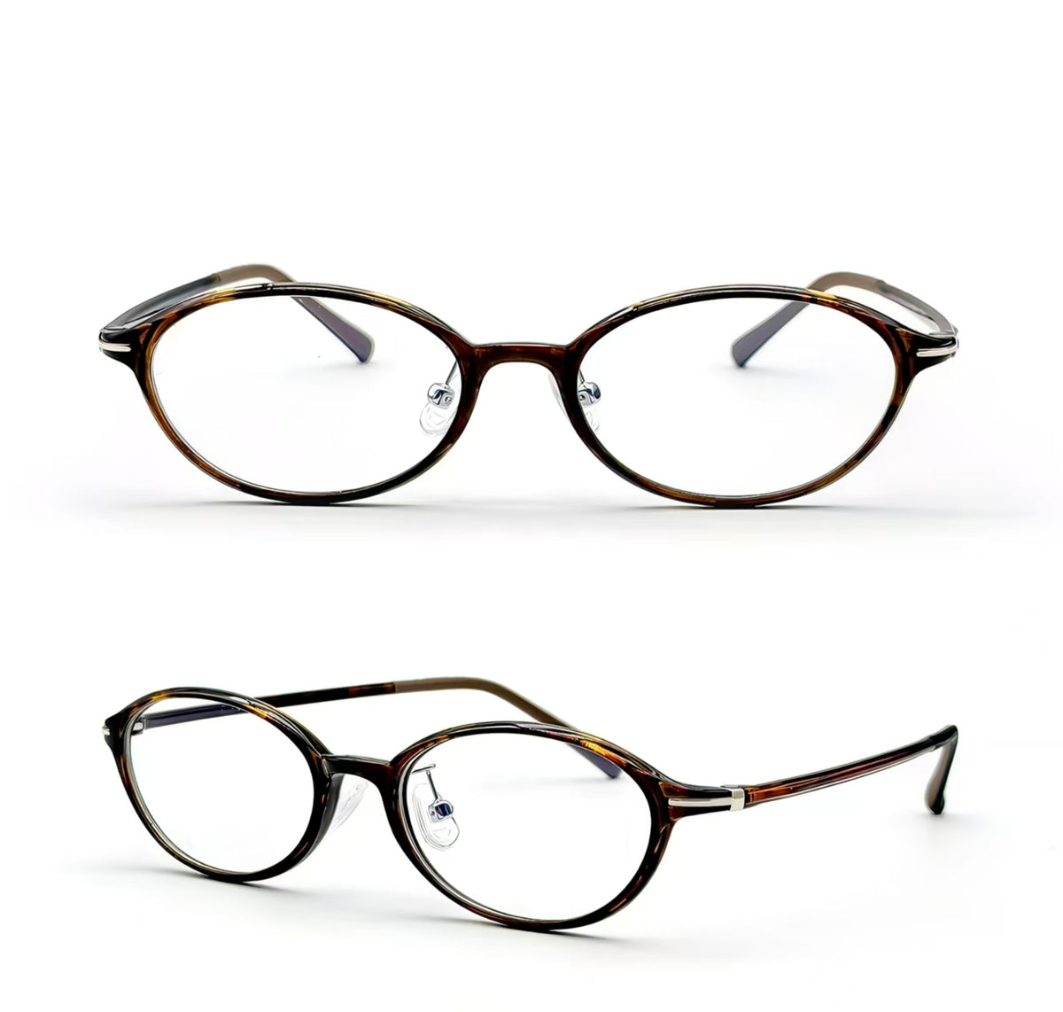Tortoise Shell TR90 small-fit oval full-rim glasses, front and 45-degree product views