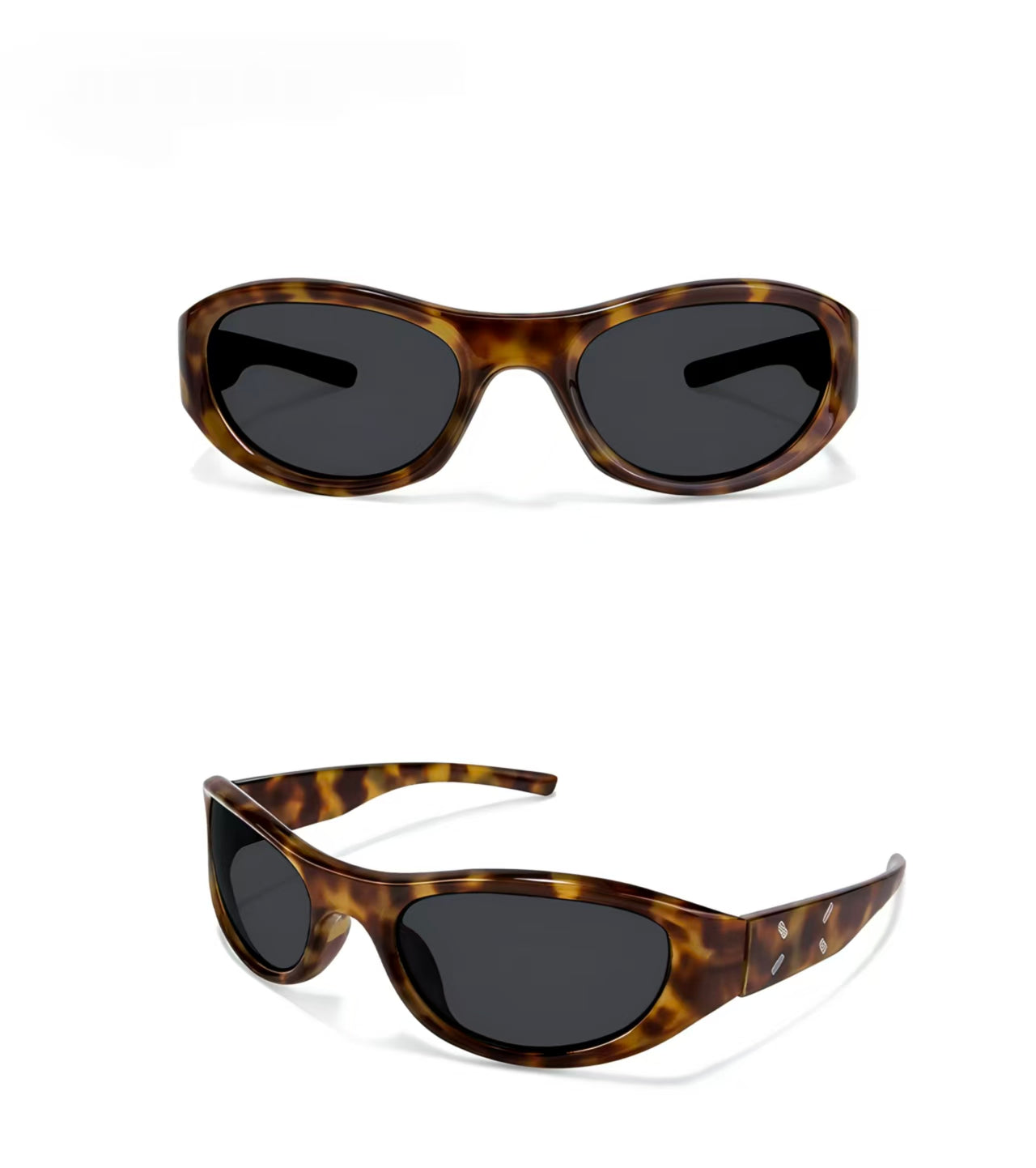 Women’s Tortoise Shell full-rim wraparound shield sunglasses, front and three-quarter views