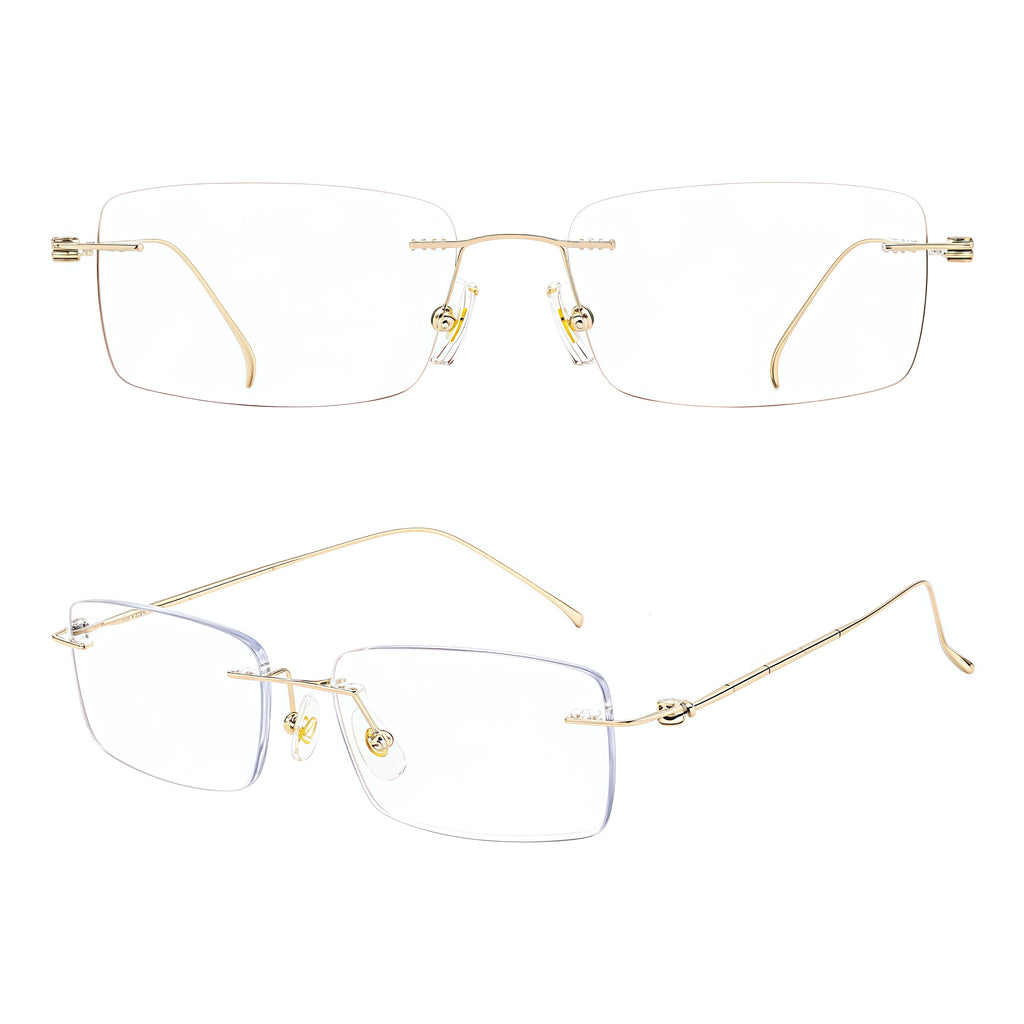 Gold titanium rimless glasses, front, 45-degree and temple composite detail