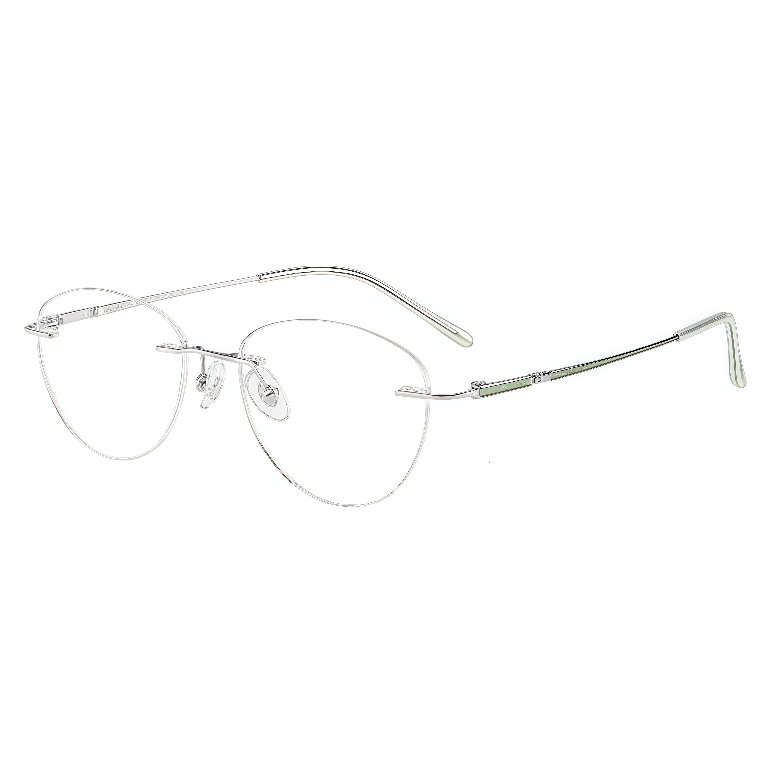 Green/Silver women pure titanium cat-eye rimless eyeglasses, 45-degree view