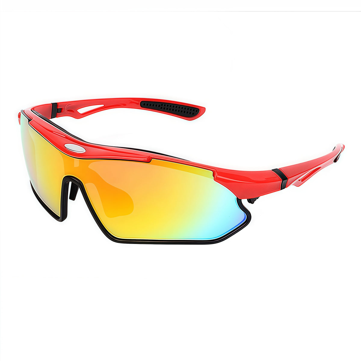 Red Frame/Multicolor Lens unisex tr wraparound shield sunglasses, 45-degree view