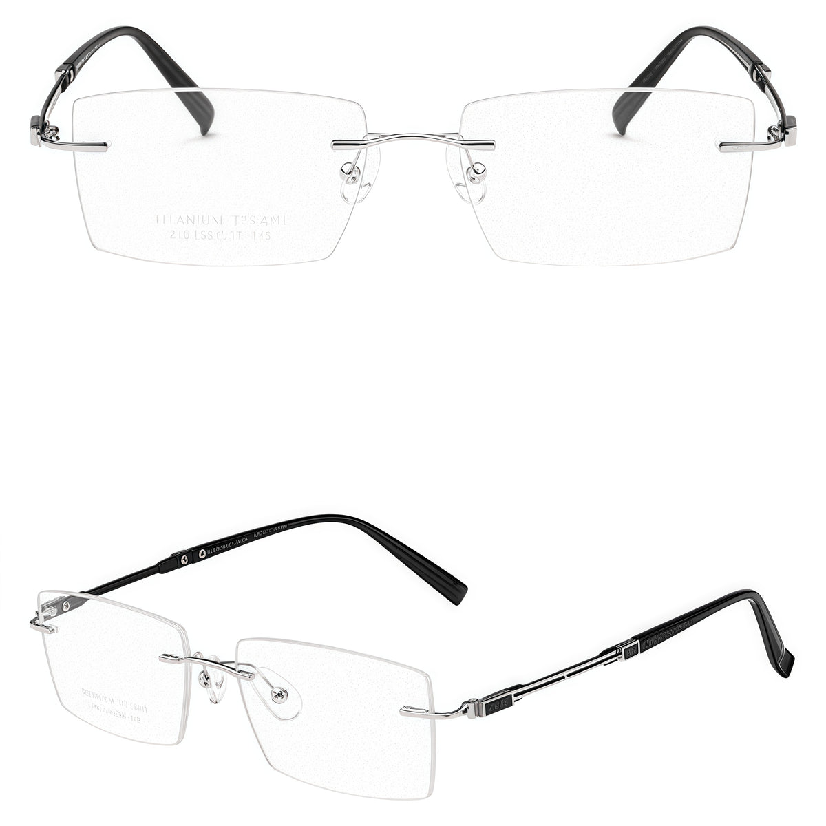 Silver men's titanium rimless rectangular glasses with geometric temples, supplier composite detail