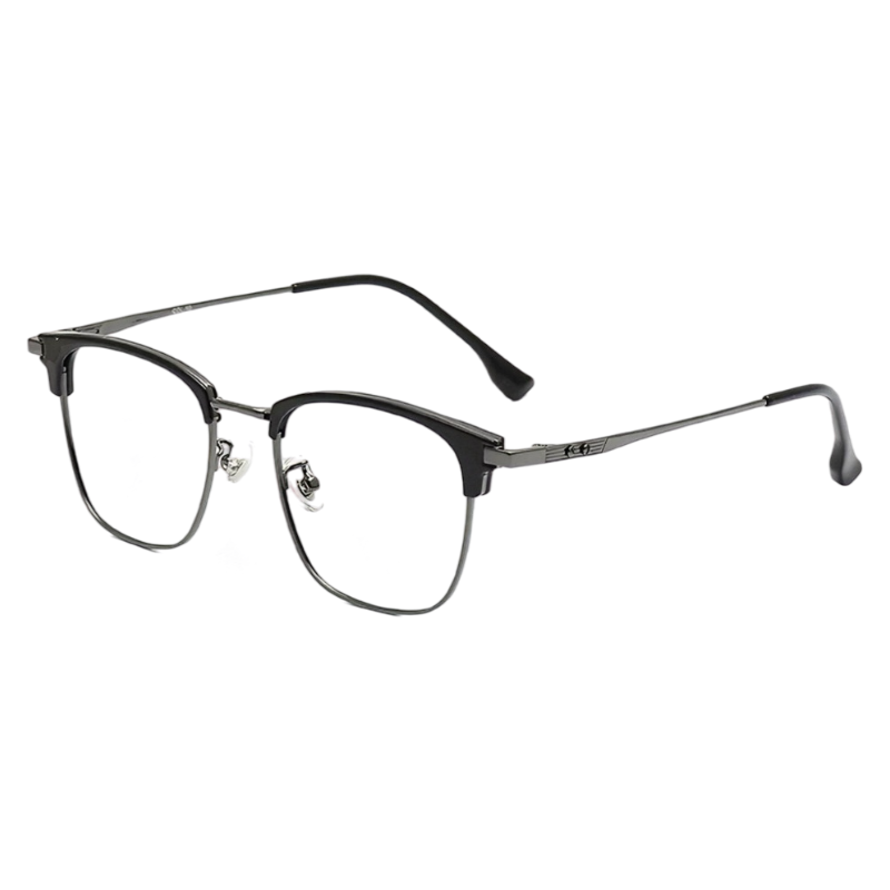 Black and Gunmetal oversized square browline profile semi-rimless eyeglass frame, three-quarter product view