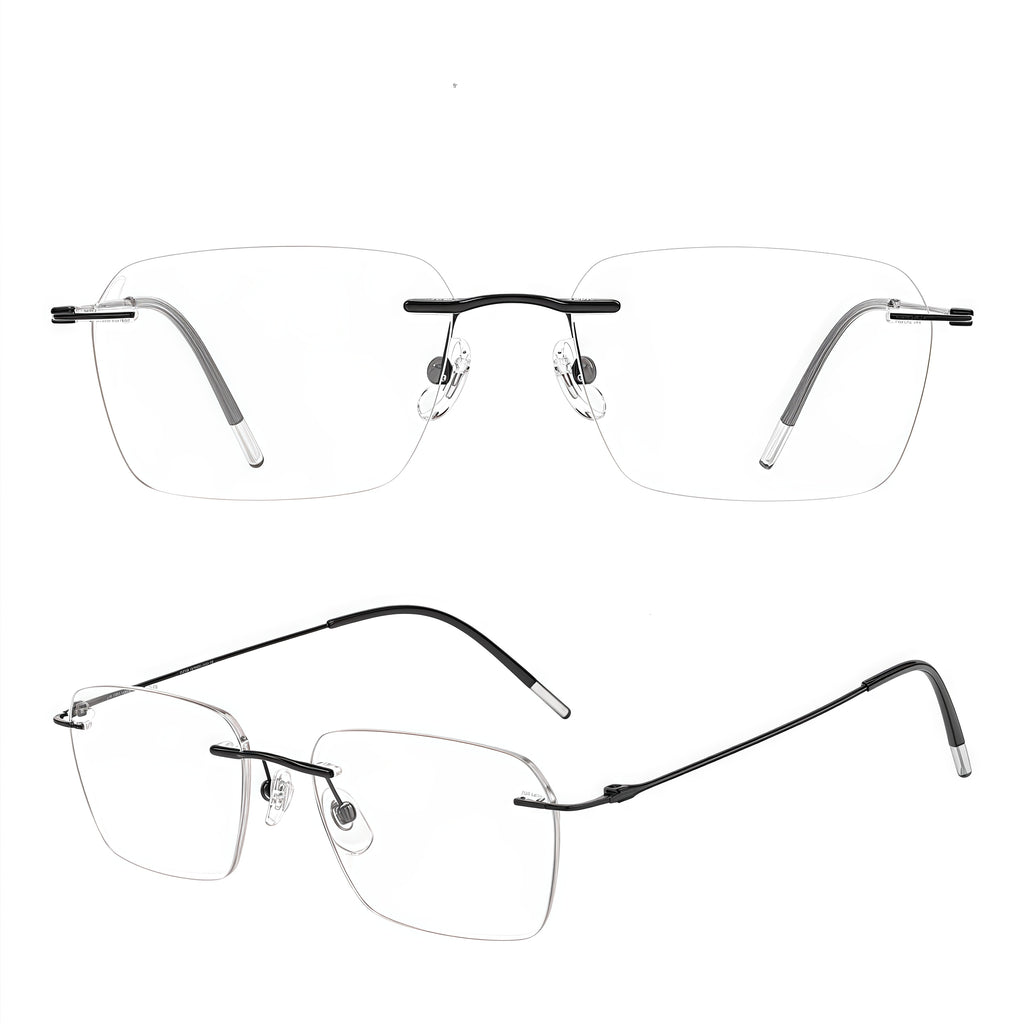 Black titanium softly squared rimless glasses, original front and 45-degree product detail