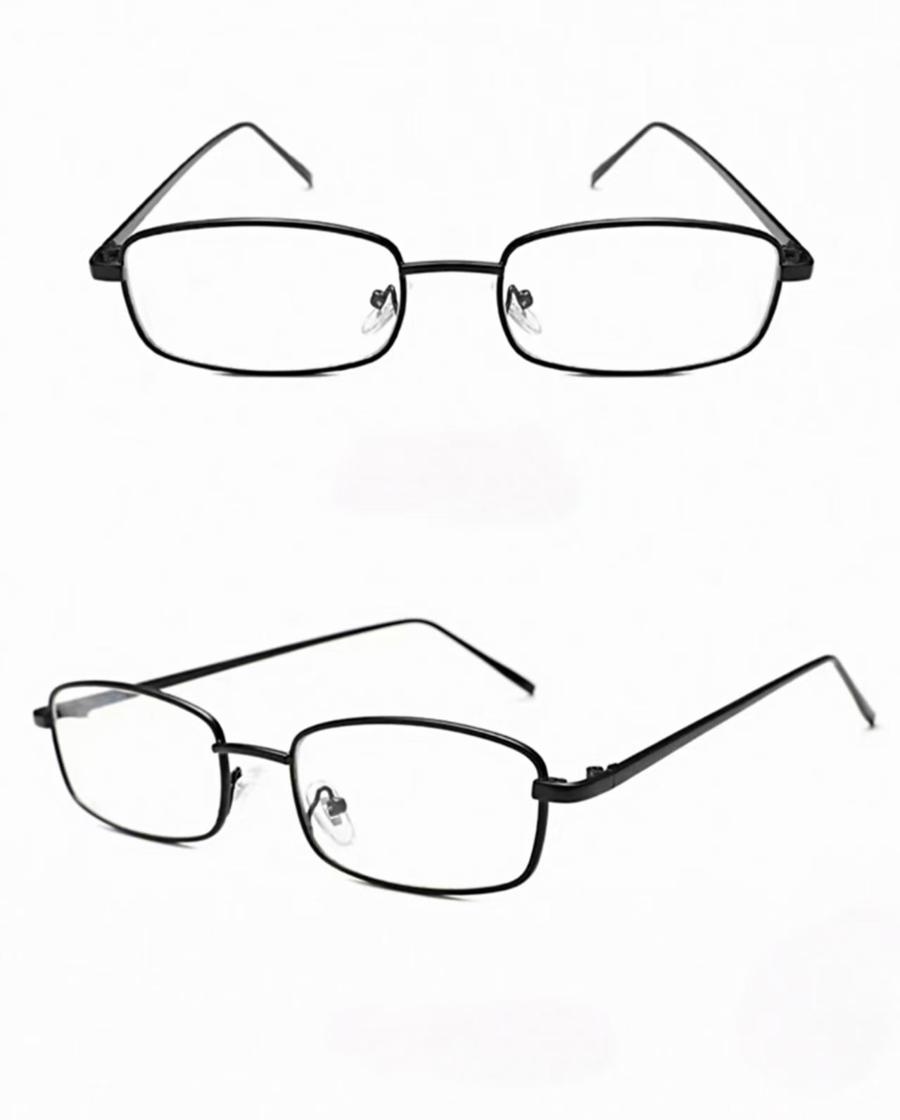 Black slim alloy square full-rim eyeglass frame, product views