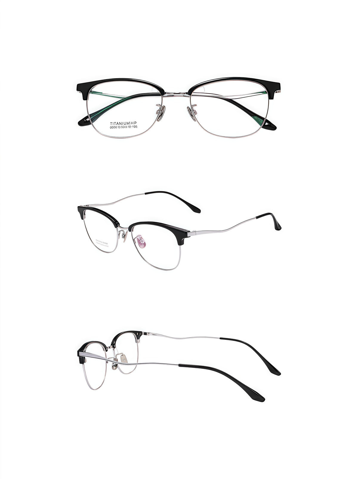 Black/Silver unisex vintage TR-and-titanium semi-rimless glasses, original front, 45-degree and side detail