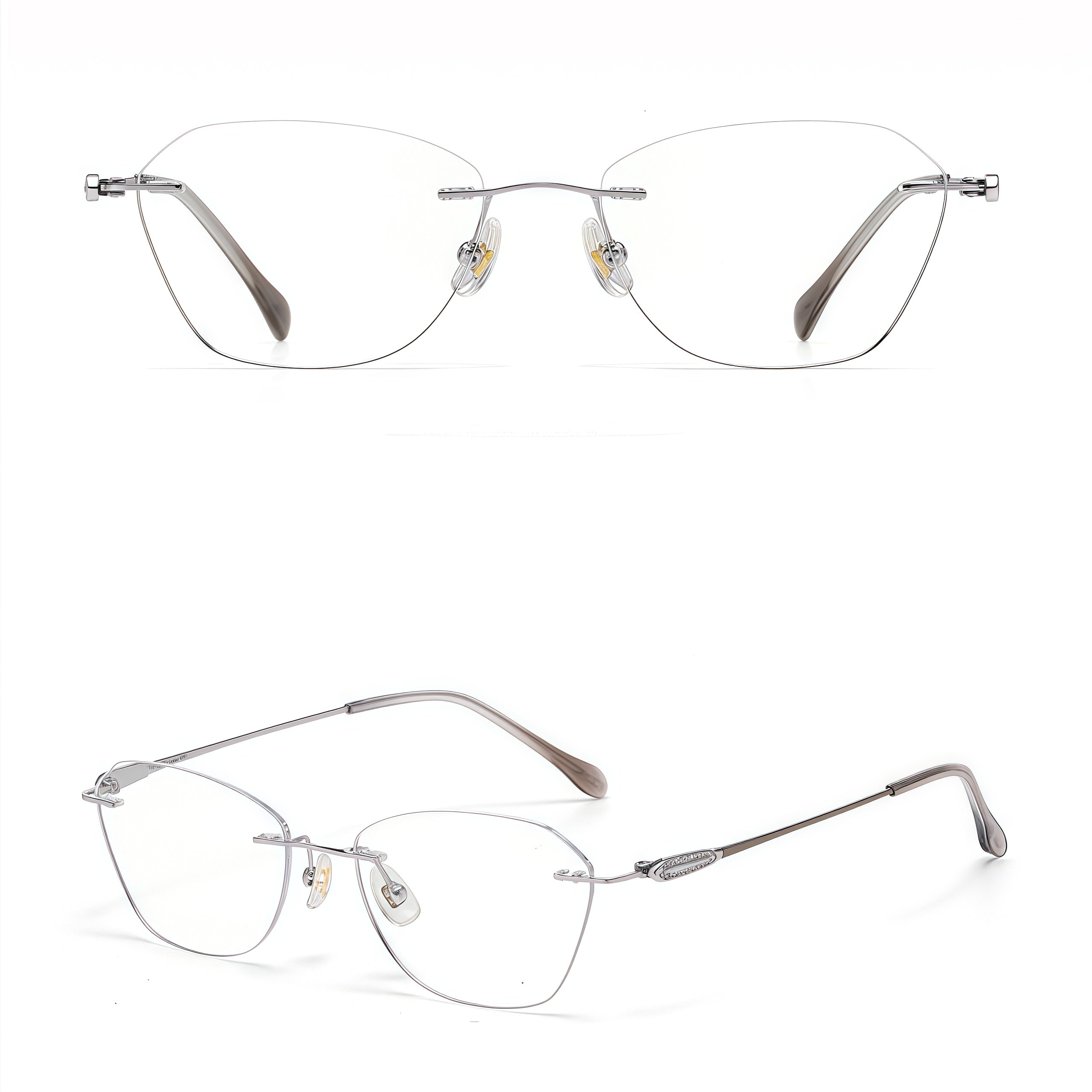 Silver front and 45-degree product views of Timeless Vintage Minimalist Rimless Eyeglasses