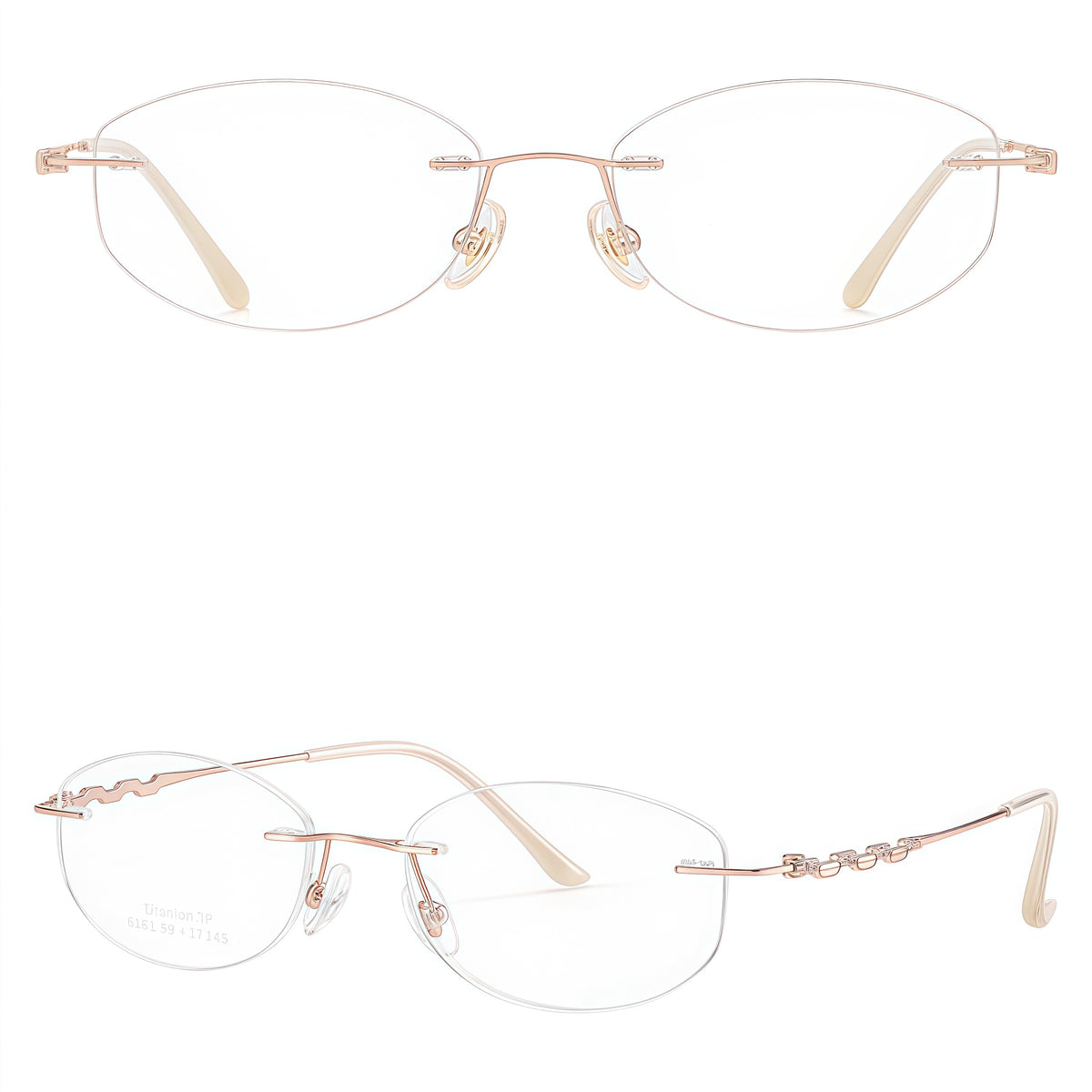Rose Gold women's pure titanium rimless soft rectangular glasses, supplier front and three-quarter views