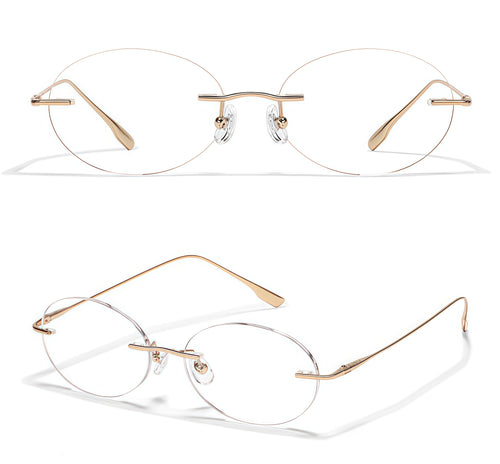 Gold front and 45-degree product views of Chic Minimalist Rimless Glasses