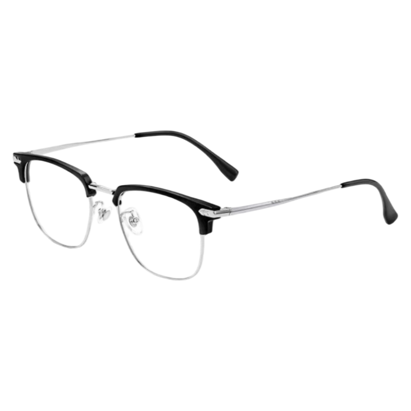 Black and Silver sophisticated square browline profile semi-rimless eyeglass frame, three-quarter product view