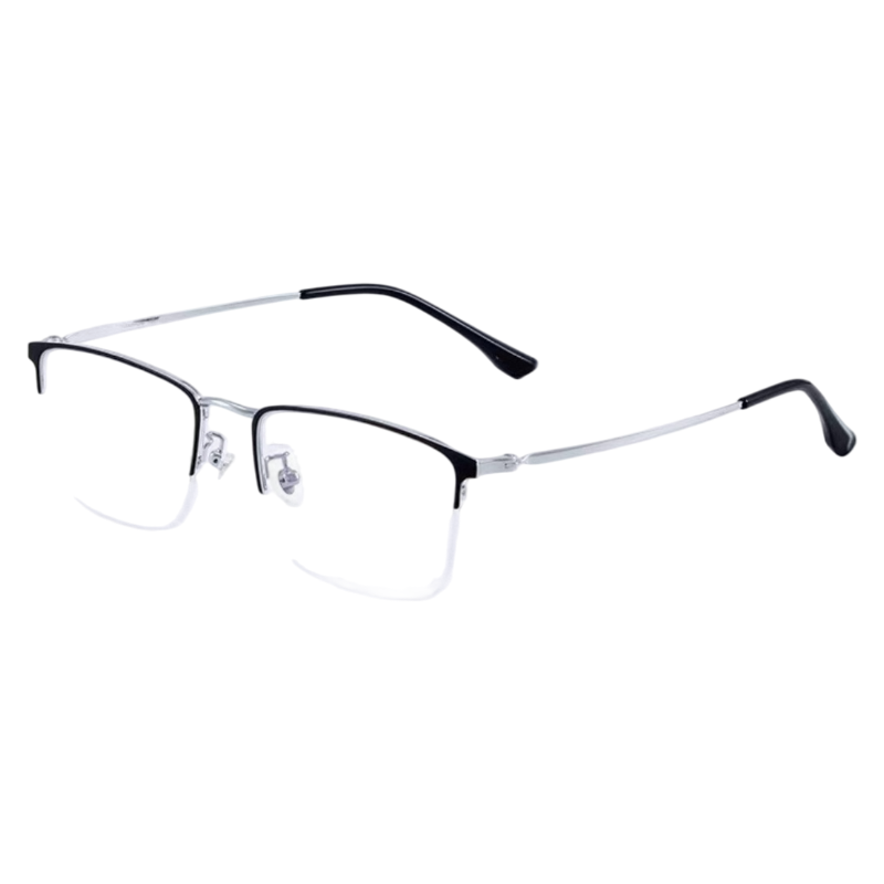 Black and silver semi-rimless rectangular eyeglass frame, 45-degree product view