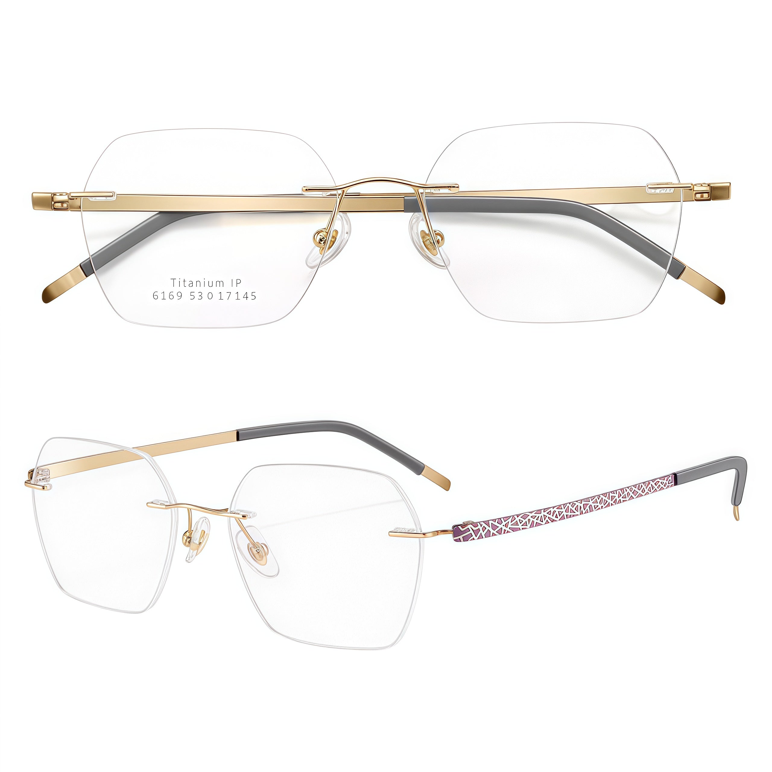 Gold/Purple rimless rectangular pure titanium eyeglass frames, supplier front and angle reference