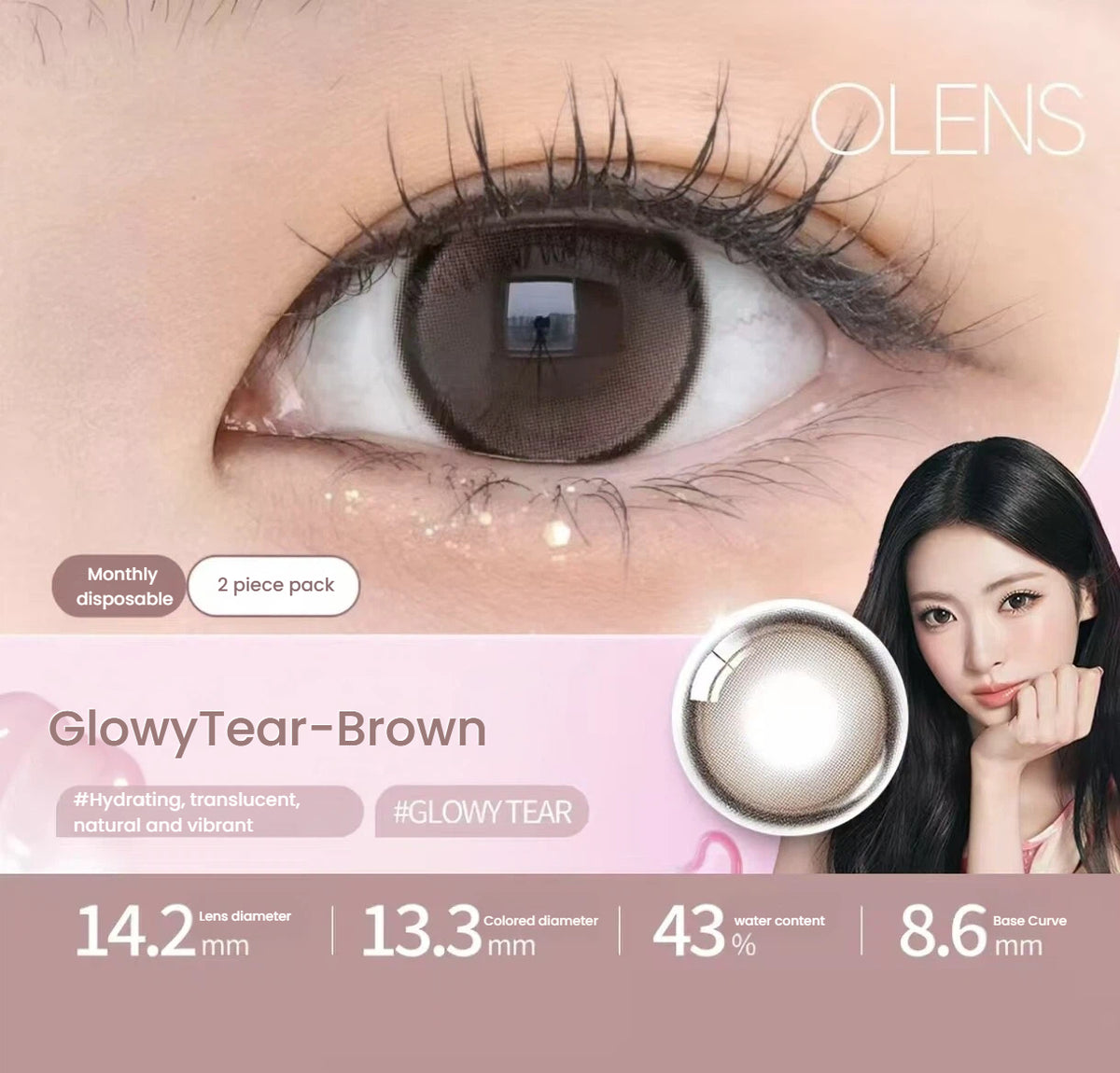 OLENS GlowyTear Brown toric contact lens shown on an eye