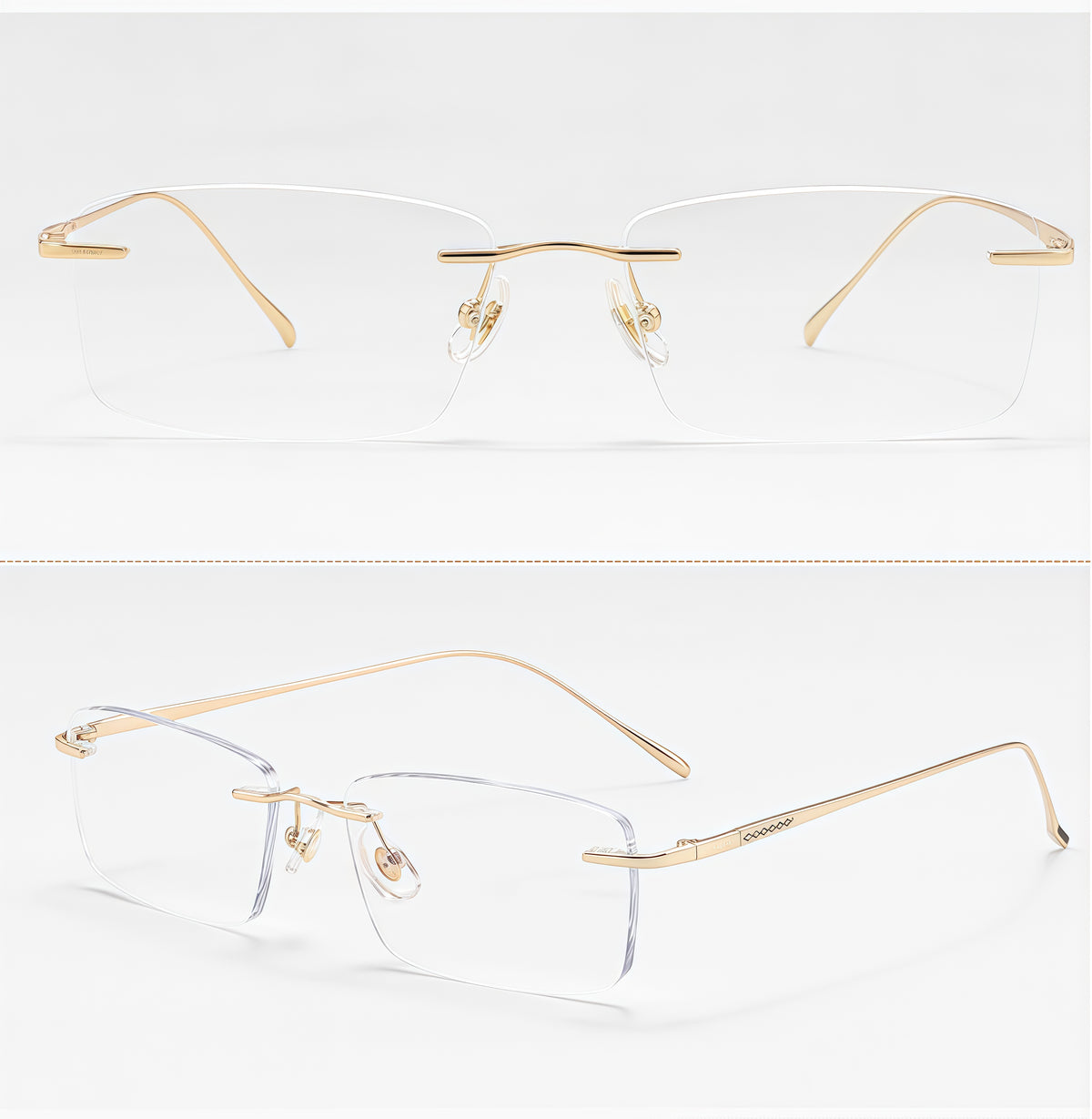 Gold unisex pure titanium rectangular rimless eyeglass frames, product views