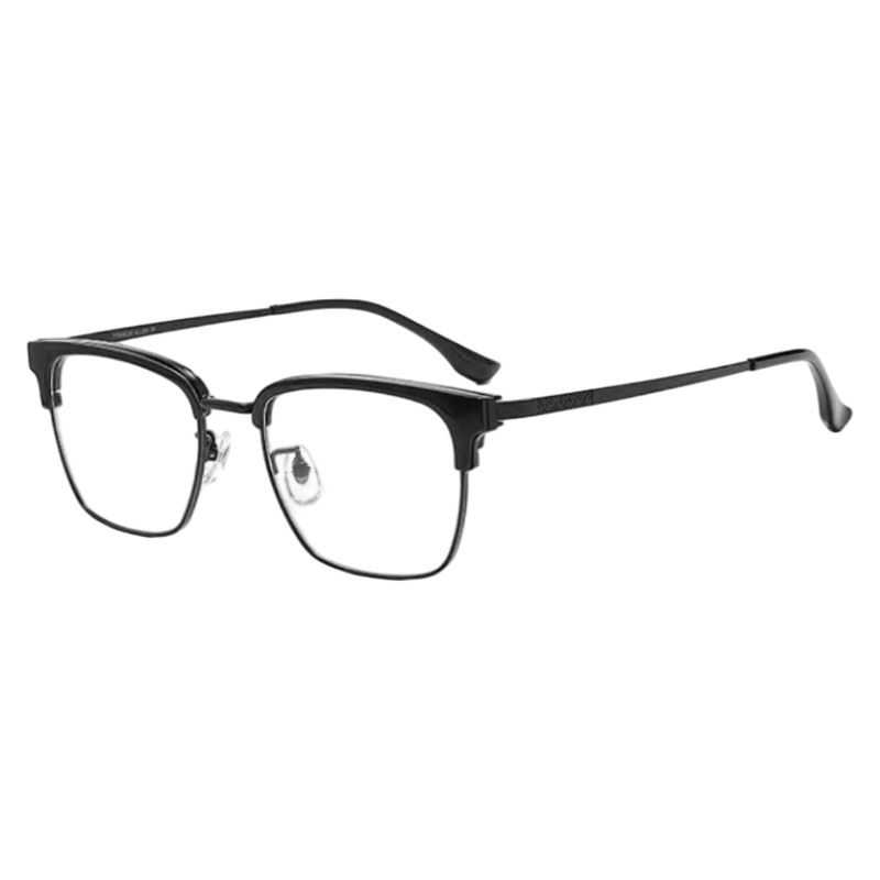 Black refined square browline profile semi-rimless eyeglass frame, three-quarter product view