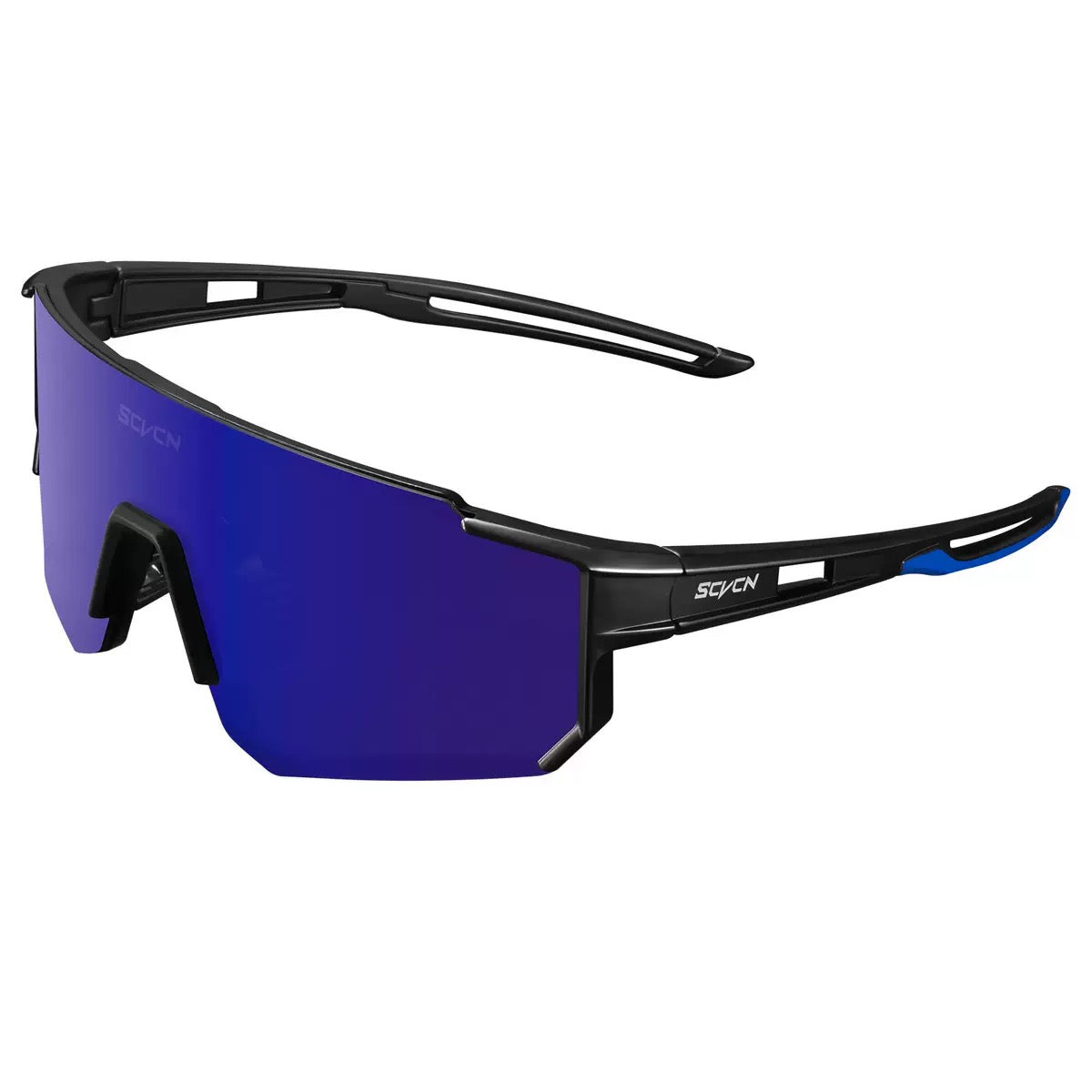Matte Black Frame/Blue Lens unisex tr90 wraparound shield sunglasses, 45-degree view