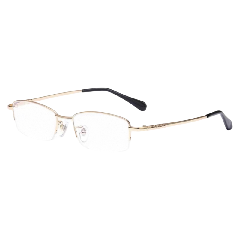 Gold narrow minimalist rectangular profile semi-rimless eyeglass frame, three-quarter product view