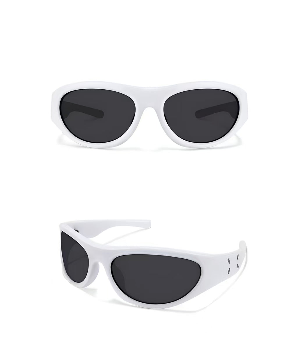 Women’s White full-rim wraparound shield sunglasses, front and three-quarter views