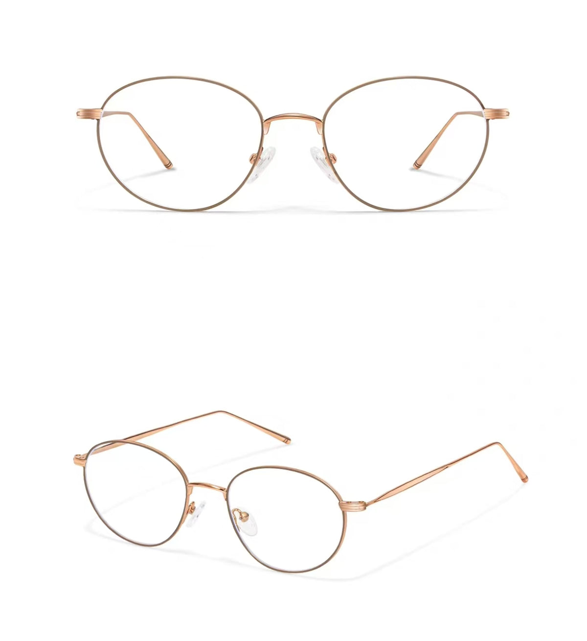 Gold women's ultra-light alloy oval full-rim glasses, original front-and-45-degree composite detail