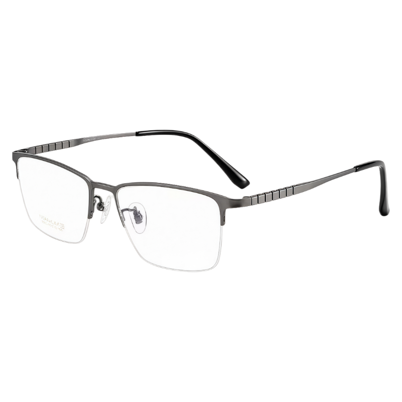 Gunmetal semi-rimless rectangular eyeglass frame, 45-degree product view