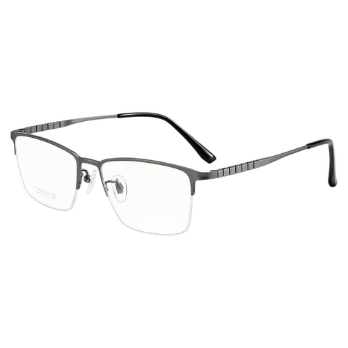 Gunmetal semi-rimless rectangular eyeglass frame, 45-degree product view