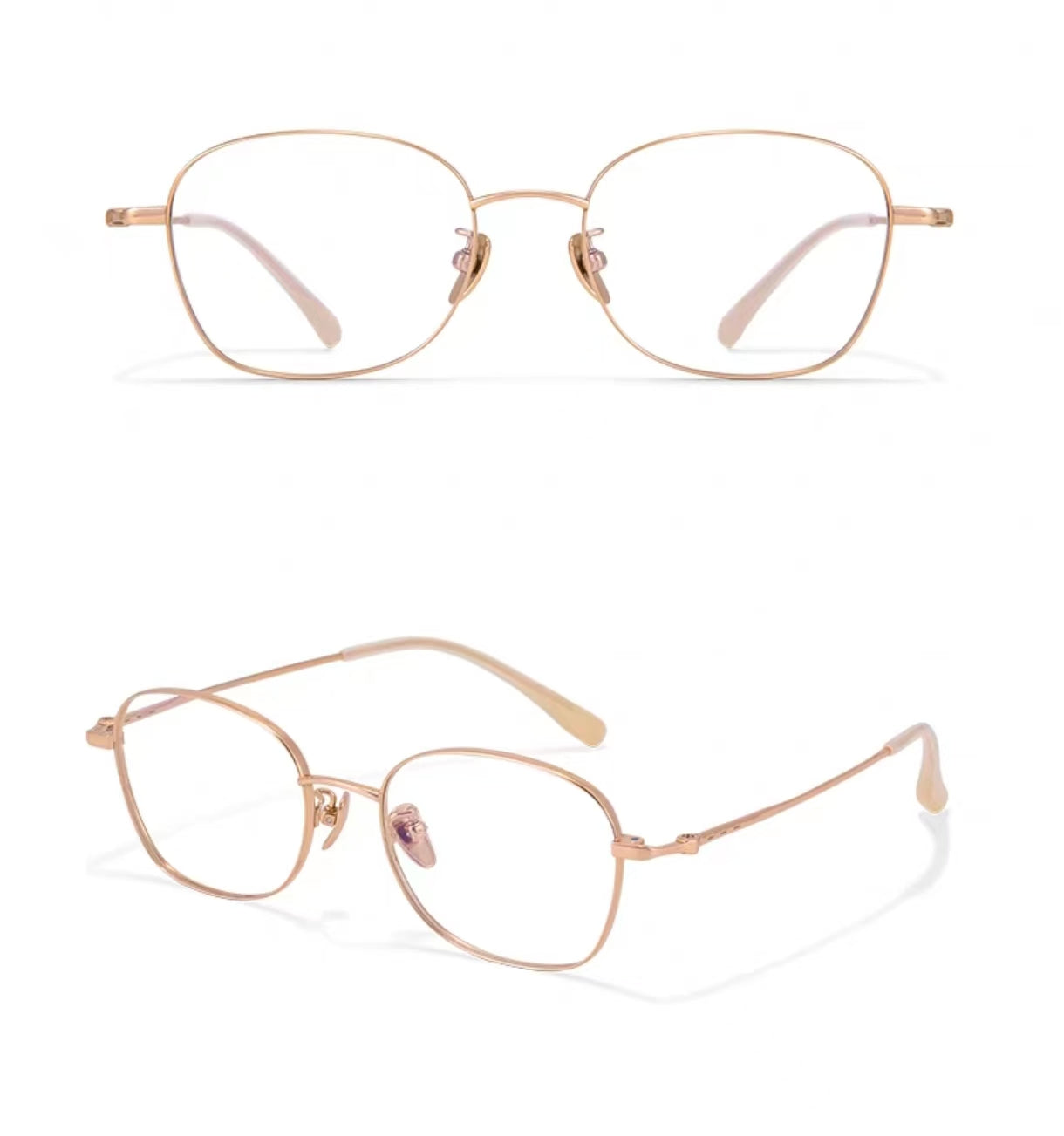 Rose Gold unisex pure titanium full-rim glasses, original front-and-45-degree composite detail