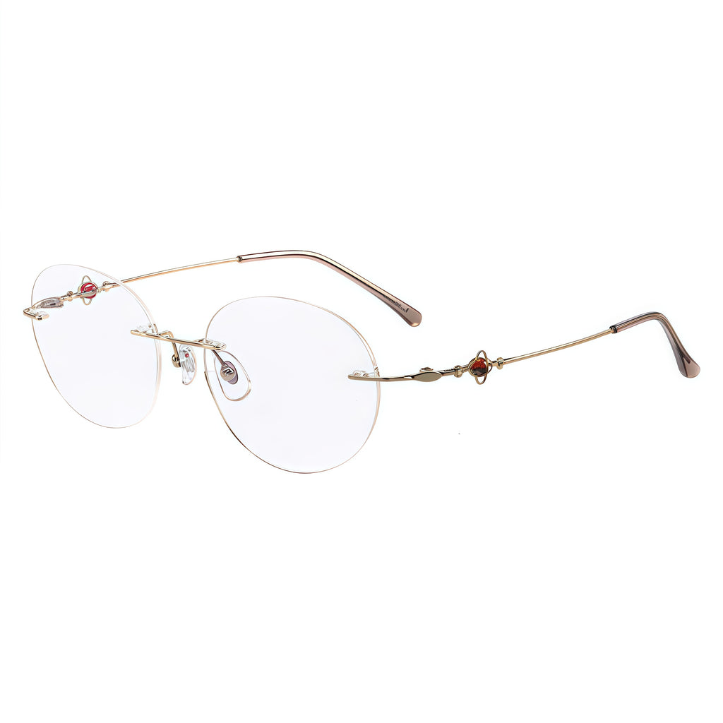 Gold women titanium rounded cat-eye rimless eyeglasses, 45-degree view