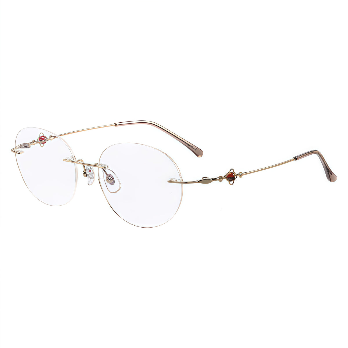 Gold women titanium rounded cat-eye rimless eyeglasses, 45-degree view
