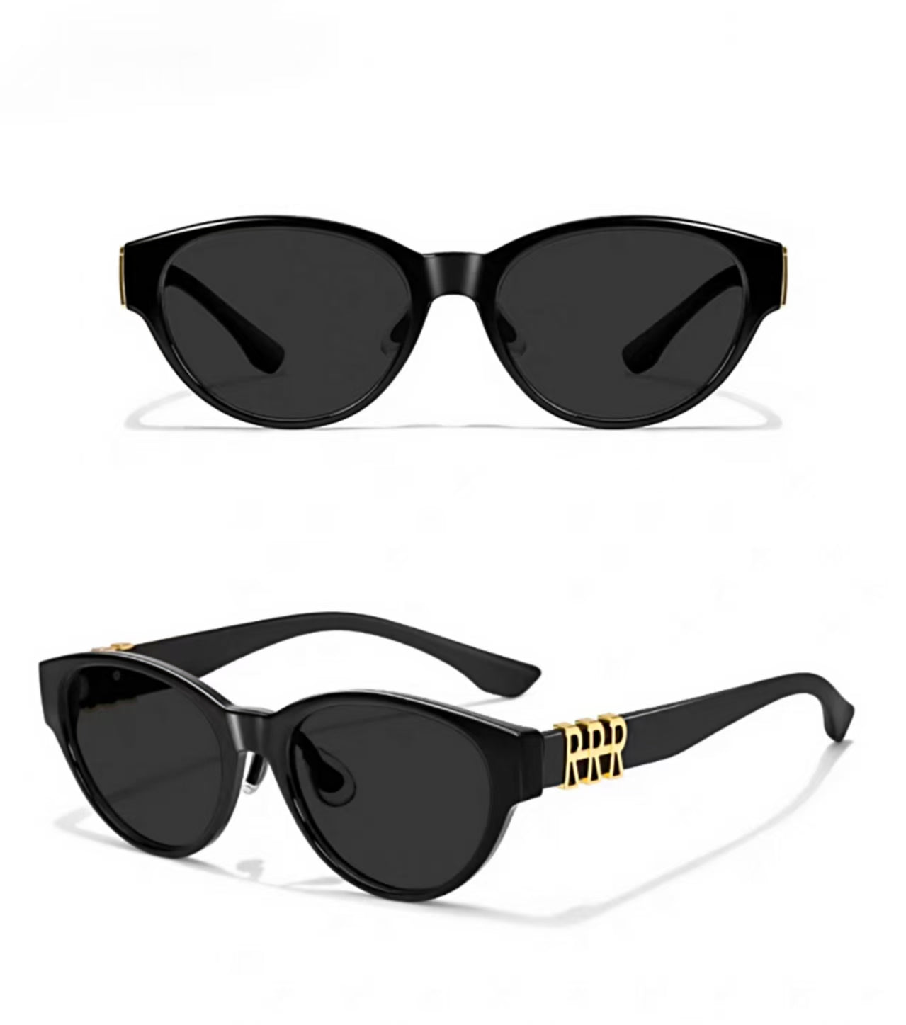 Women’s Black full-rim wide cat-eye sunglasses, front and three-quarter views