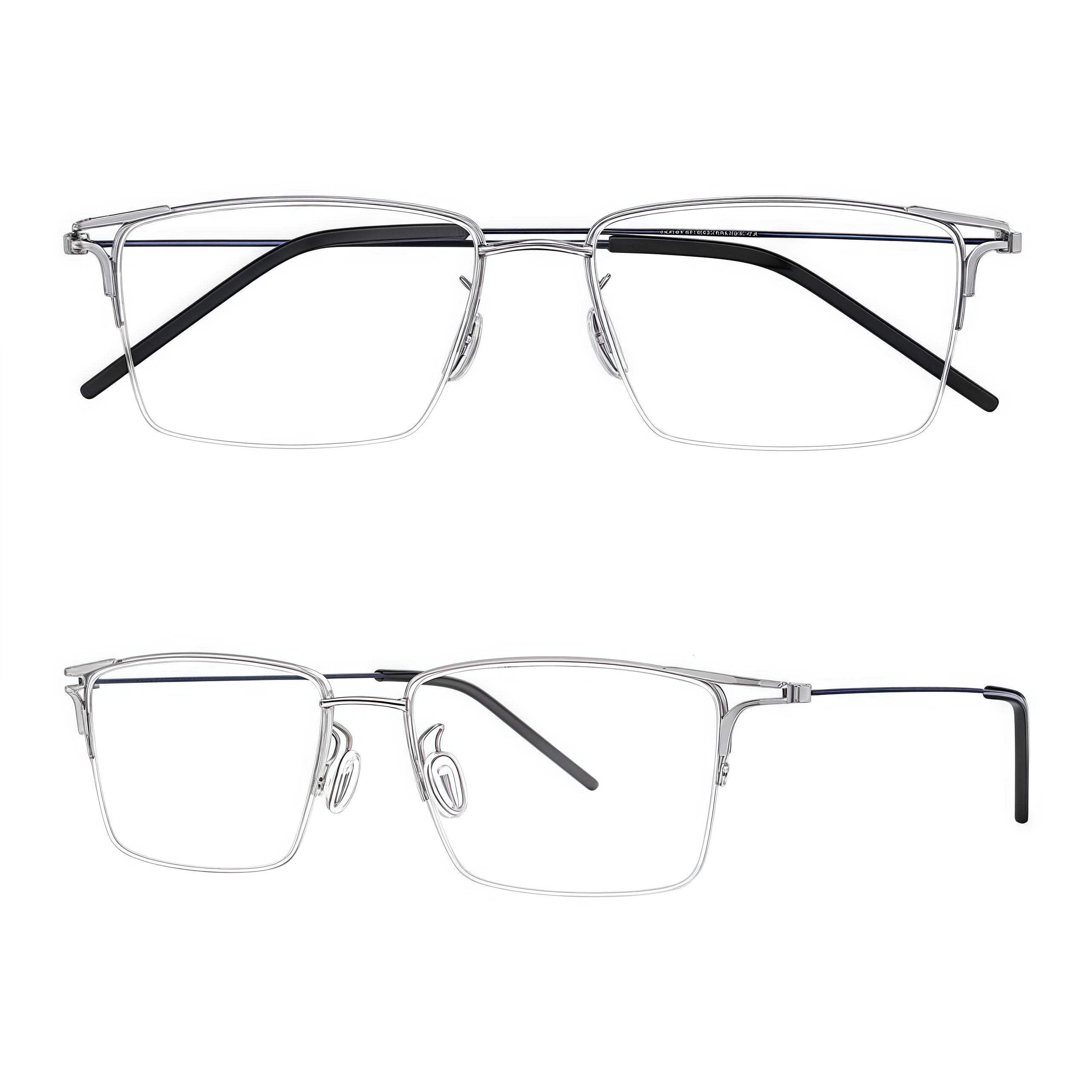 Blue/Silver unisex titanium semi-rimless glasses, original combined front and 45-degree product views