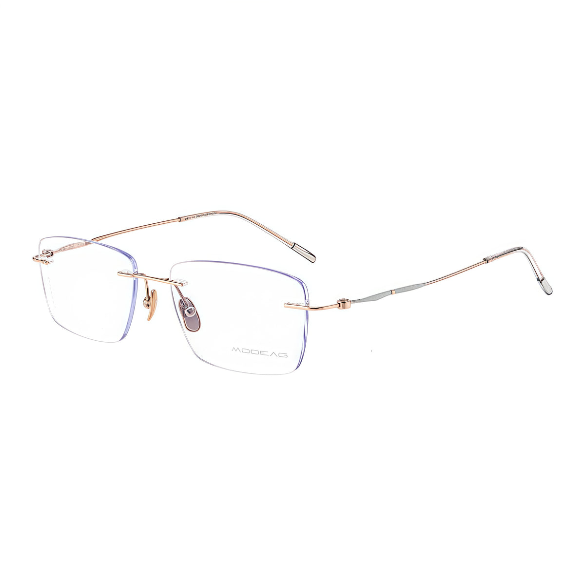 Rose Gold unisex rimless glasses with green gradient lenses, 45-degree product view